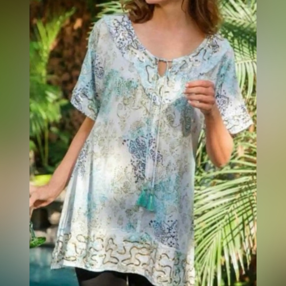 NWT Soft Surroundings Pure Paradise Tunic Sequins Beads Cover Up Top.  Size XS
